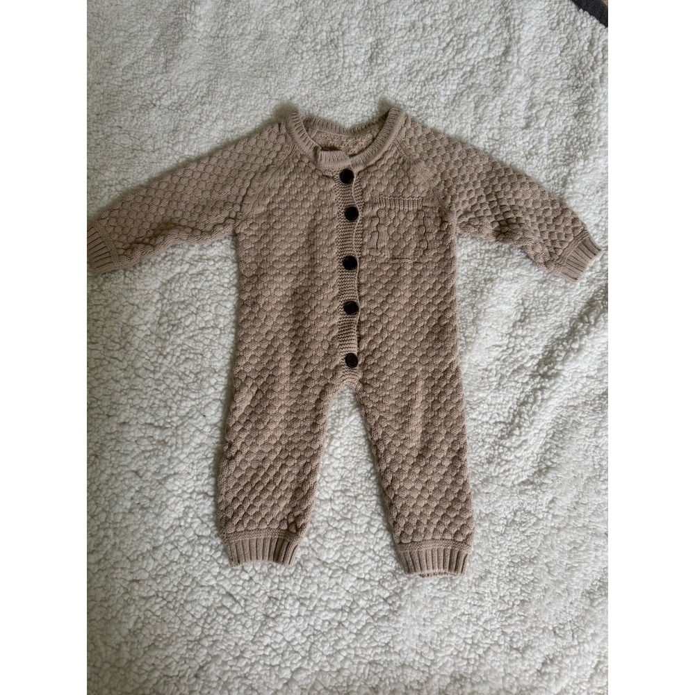 Knit Romper Baby 6-9m Tan Excellent Cotton Button Jumpsuit